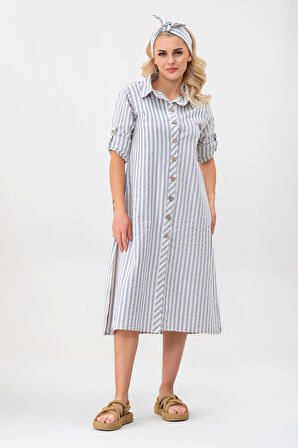 BOLD & YOUNG Kadın Cepli Çizgili Pamuklu Düğmeli Yırtmaçlı Gömlek Elbise