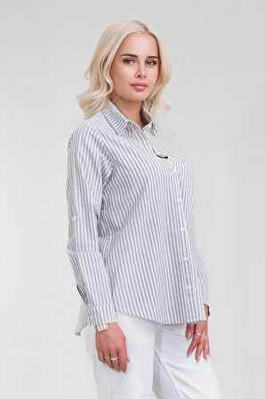 Bold & Young Kadın Ön Arka Oval Pamuklu Çizgili Dokuma Kumaş  Kol Britli Gömlek