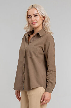 Kadın Ön Arka Oval Pamuklu Dokuma Kumaş  Kol Britli Gömlek