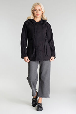 Bold & Young Kadın Power Likralı Pamuklu Kumaş Kapişonlu Fermuarlı Kordonlu Pis Dikişli Mont