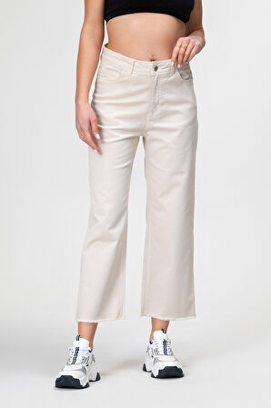 Kadın Bol Paça Beş Cepli Paça Saçaklı Likralı Pamuklu Pantolon