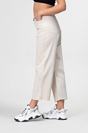 Kadın Bol Paça Beş Cepli Paça Saçaklı Likralı Pamuklu Pantolon