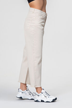 Kadın Bol Paça Beş Cepli Paça Saçaklı Likralı Pamuklu Pantolon