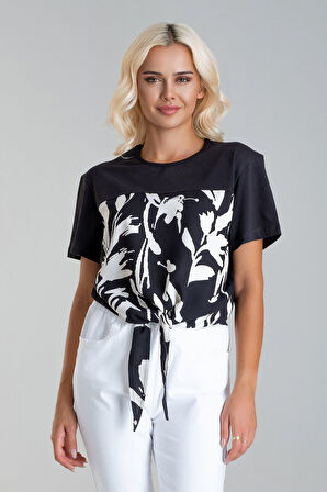 Bold & Young Kadın Bağlamalı Baskılı Viskon Kombinli Likralı Örme Kumaş Sıfır Yaka Tshirt