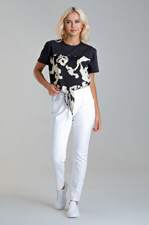 Bold & Young Kadın Bağlamalı Baskılı Viskon Kombinli Likralı Örme Kumaş Sıfır Yaka Tshirt