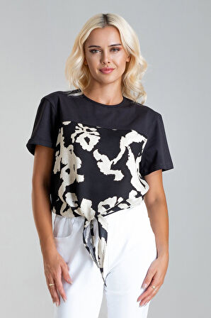 Bold & Young Kadın Bağlamalı Baskılı Viskon Kombinli Likralı Örme Kumaş Sıfır Yaka Tshirt