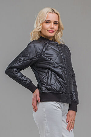 Bold & Young Kadın Siyah Ön Kapitoneli Flato Cepli Çelik Kumaş Kombinli Fermuarlı  Bomber Mont