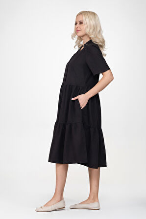 Bold & Young Kadın Cepli Kısa Kollu Yarım Pat Düğmeli Büzgülü Pamuklu Elbise