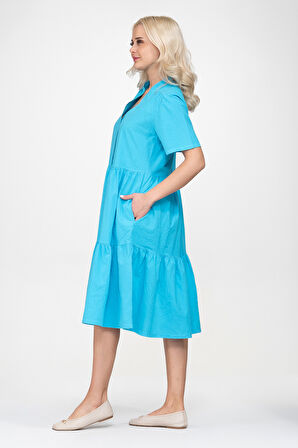 Bold & Young Kadın Cepli Kısa Kollu Yarım Pat Düğmeli Büzgülü Pamuklu Elbise