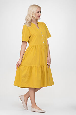 Bold & Young Kadın Cepli Kısa Kollu Yarım Pat Düğmeli Büzgülü Pamuklu Elbise