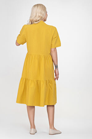 Bold & Young Kadın Cepli Kısa Kollu Yarım Pat Düğmeli Büzgülü Pamuklu Elbise