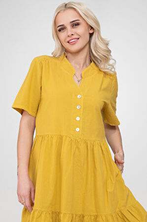 Bold & Young Kadın Cepli Kısa Kollu Yarım Pat Düğmeli Büzgülü Pamuklu Elbise