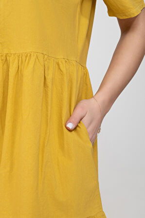 Bold & Young Kadın Cepli Kısa Kollu Yarım Pat Düğmeli Büzgülü Pamuklu Elbise