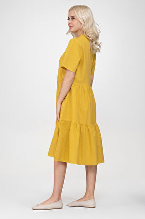 Bold & Young Kadın Cepli Kısa Kollu Yarım Pat Düğmeli Büzgülü Pamuklu Elbise