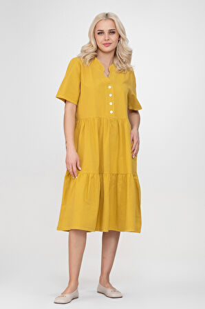Bold & Young Kadın Cepli Kısa Kollu Yarım Pat Düğmeli Büzgülü Pamuklu Elbise