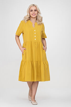 Bold & Young Kadın Cepli Kısa Kollu Yarım Pat Düğmeli Büzgülü Pamuklu Elbise