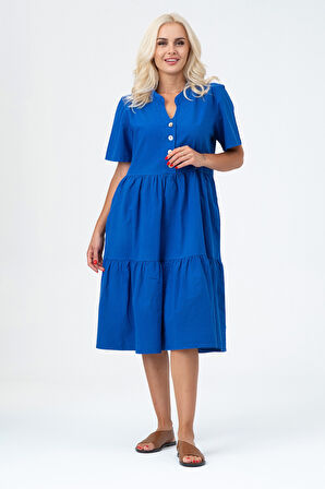 Bold & Young Kadın Cepli Kısa Kollu Yarım Pat Düğmeli Büzgülü Pamuklu Elbise