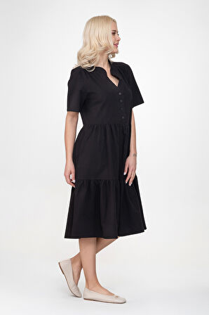 Bold & Young Kadın Cepli Kısa Kollu Yarım Pat Düğmeli Büzgülü Pamuklu Elbise