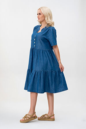 Bold & Young Kadın Cepli Kısa Kollu Yarım Pat Düğmeli Büzgülü Pamuklu Elbise