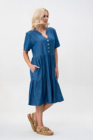 Bold & Young Kadın Cepli Kısa Kollu Yarım Pat Düğmeli Büzgülü Pamuklu Elbise