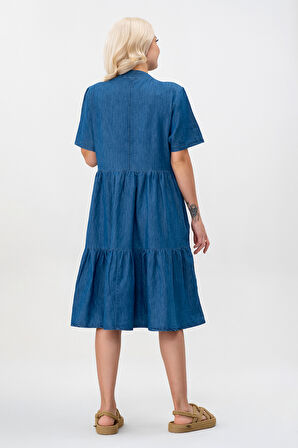 Bold & Young Kadın Cepli Kısa Kollu Yarım Pat Düğmeli Büzgülü Pamuklu Elbise