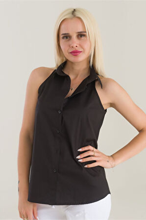 Bold & Young Kadın Yeşil Kolsuz Omuz Açık Likralı Poplin Gömlek