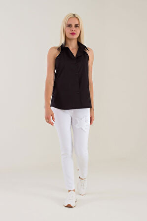 Bold & Young Kadın Yeşil Kolsuz Omuz Açık Likralı Poplin Gömlek