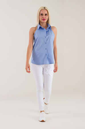 Bold & Young Kadın Yeşil Kolsuz Omuz Açık Likralı Poplin Gömlek