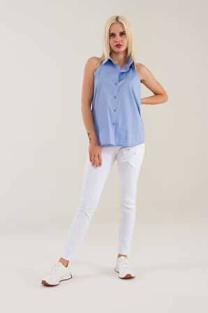 Bold & Young Kadın Yeşil Kolsuz Omuz Açık Likralı Poplin Gömlek