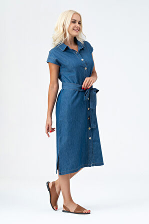 Bold & Young Kadın Cepli Kolsuz Kuşaklı Pamuklu Gömlek Elbise