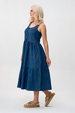 Bold & Young Kadın Cepli Büzgülü Askılı Kare Yaka Düğmeli Elbise