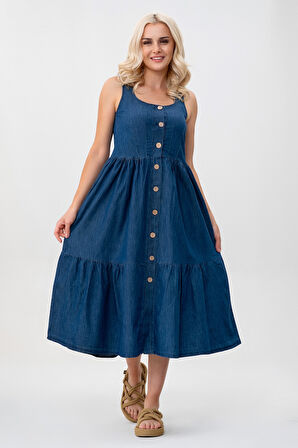 Bold & Young Kadın Cepli Büzgülü Askılı Kare Yaka Düğmeli Elbise