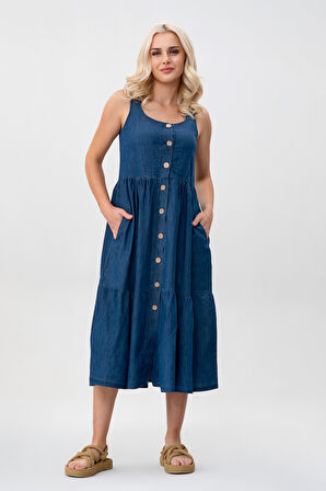 Bold & Young Kadın Cepli Büzgülü Askılı Kare Yaka Düğmeli Elbise