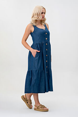 Bold & Young Kadın Cepli Büzgülü Askılı Kare Yaka Düğmeli Elbise