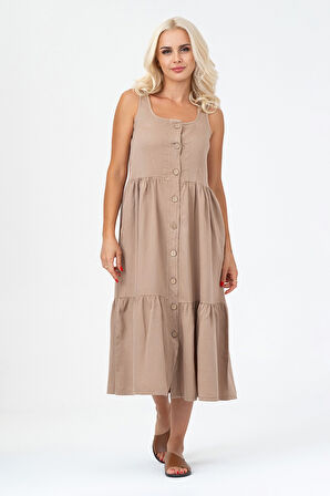 Bold & Young Kadın Cepli Büzgülü Askılı Kare Yaka Düğmeli Elbise