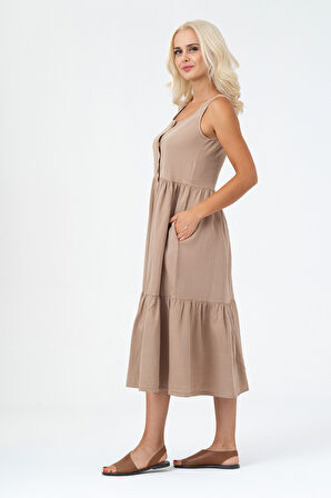 Bold & Young Kadın Cepli Büzgülü Askılı Kare Yaka Düğmeli Elbise