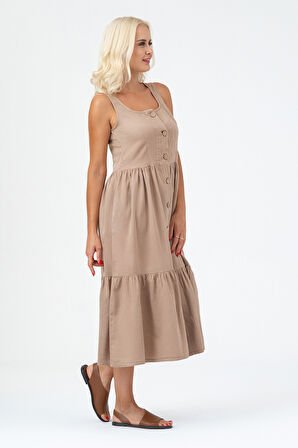 Bold & Young Kadın Cepli Büzgülü Askılı Kare Yaka Düğmeli Elbise