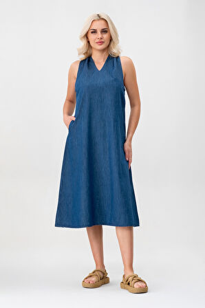 Bold & Young Kadın V Yakalı Cepli Pamuklu  Kumaş Elbise