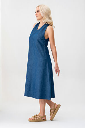 Bold & Young Kadın V Yakalı Cepli Pamuklu  Kumaş Elbise