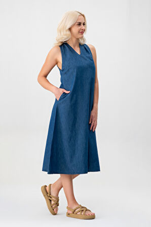 Bold & Young Kadın V Yakalı Cepli Pamuklu  Kumaş Elbise