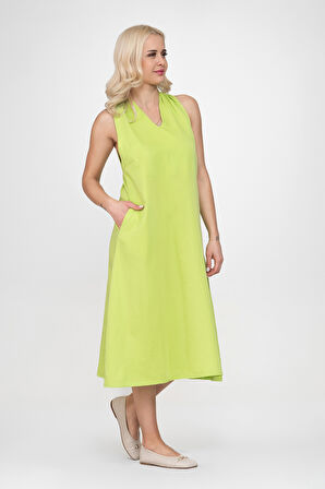 Bold & Young Kadın V Yakalı Cepli Pamuklu  Kumaş Elbise