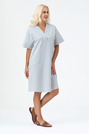 Bold & Young Kadın Cepli V Yakalı Kısa Kollu Pamuklu Elbise