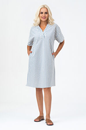 Bold & Young Kadın Cepli V Yakalı Kısa Kollu Pamuklu Elbise