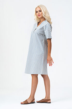 Bold & Young Kadın Cepli V Yakalı Kısa Kollu Pamuklu Elbise