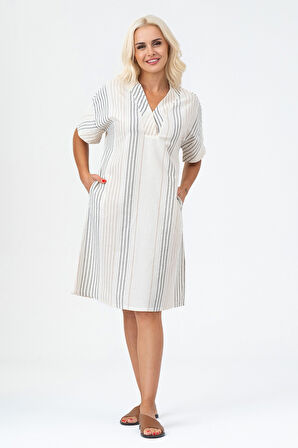 Bold & Young Kadın Cepli V Yakalı Kısa Kollu Pamuklu Elbise