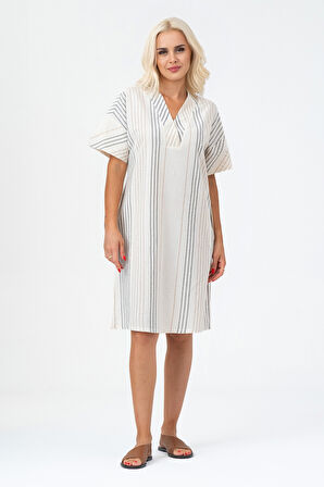 Bold & Young Kadın Cepli V Yakalı Kısa Kollu Pamuklu Elbise