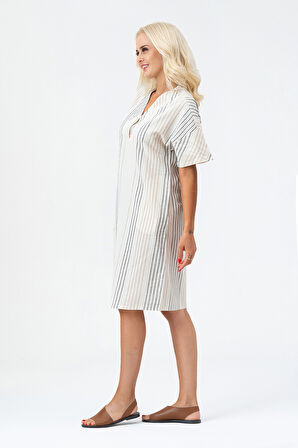 Bold & Young Kadın Cepli V Yakalı Kısa Kollu Pamuklu Elbise