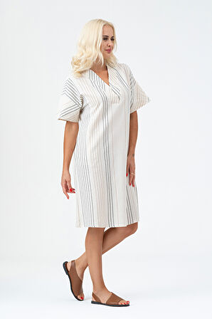 Bold & Young Kadın Cepli V Yakalı Kısa Kollu Pamuklu Elbise