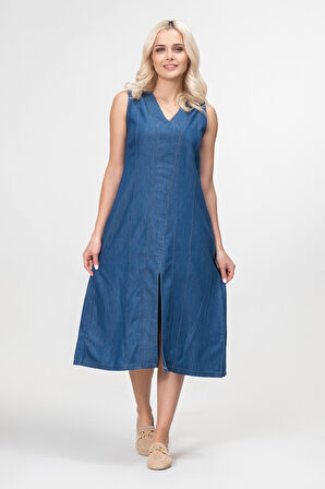 Bold and Young Kadın Yırtmaçlı V Yakalı Kolsuz Pamuklu Elbise