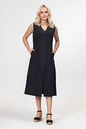 Bold and Young Kadın Yırtmaçlı V Yakalı Kolsuz Pamuklu Elbise